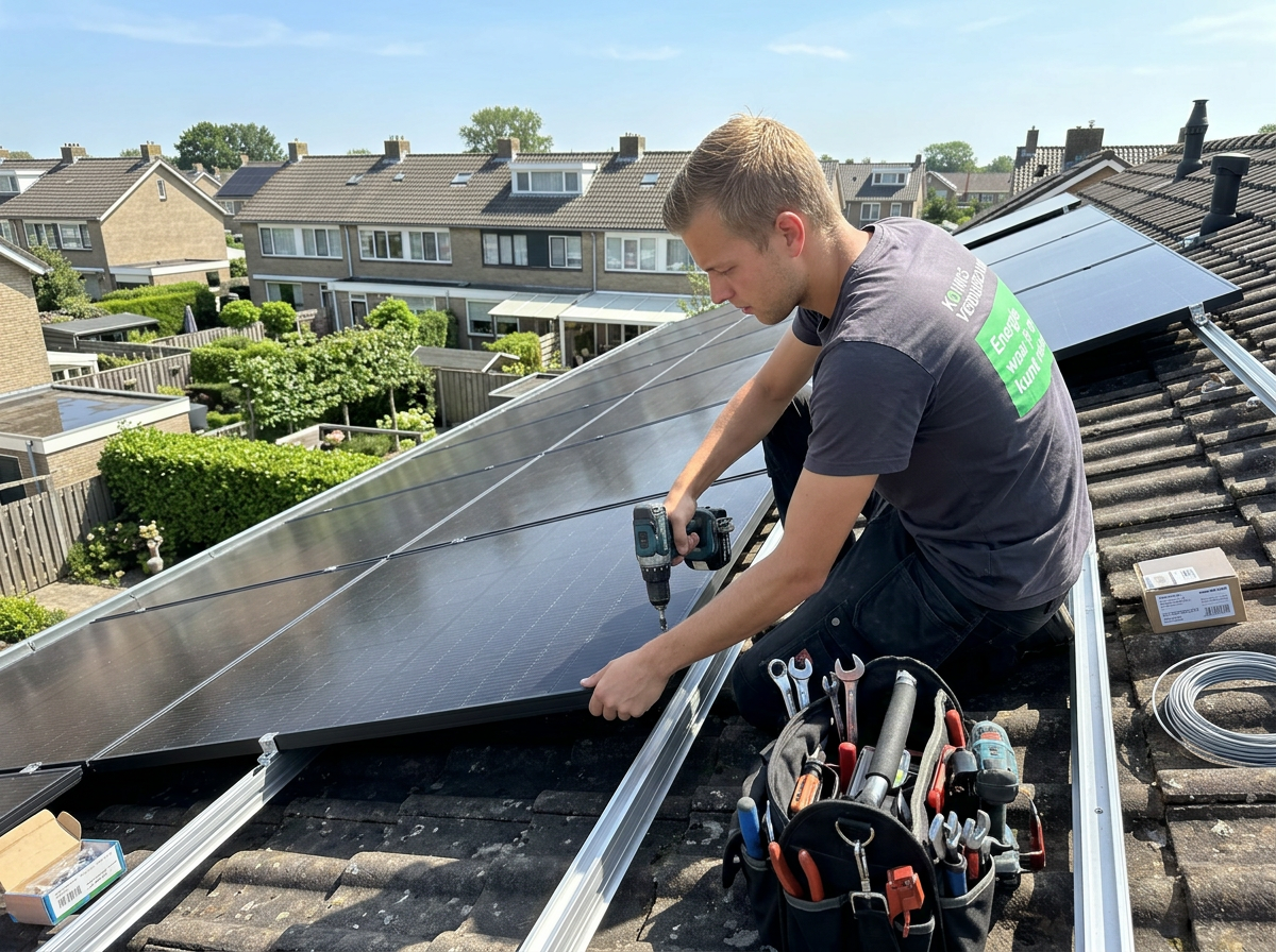 Monteurs van Konings installeren zonnepanelen op een dak