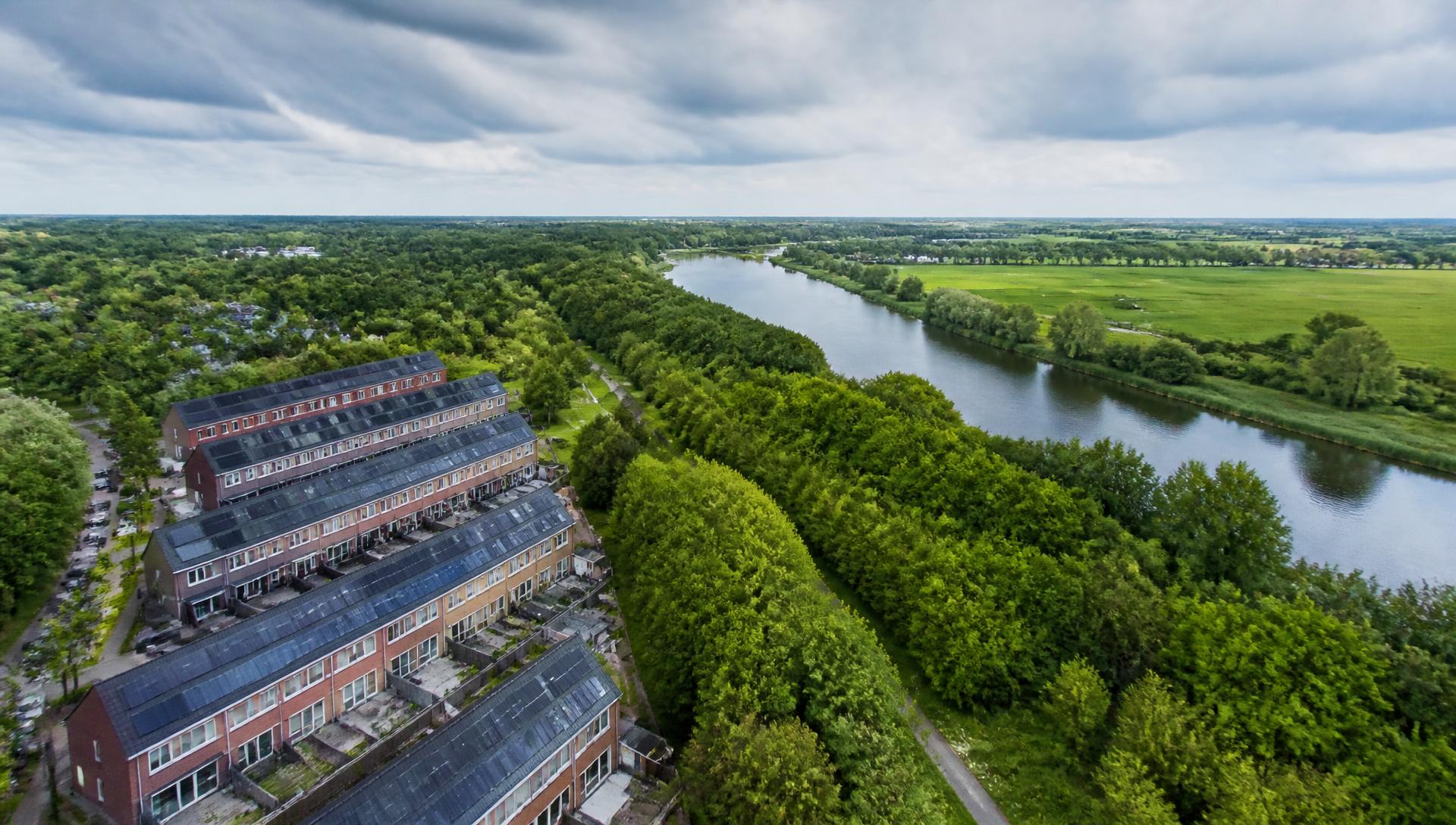 Rijtjeshuizen met zonnepanelen aan de rand van bos en water