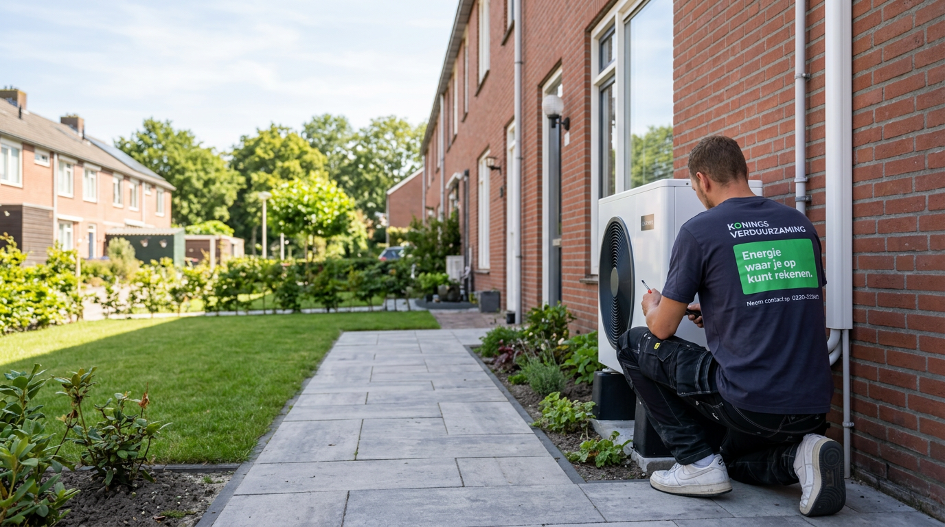 Monteur van Konings installeert een warmtepomp bij een woning