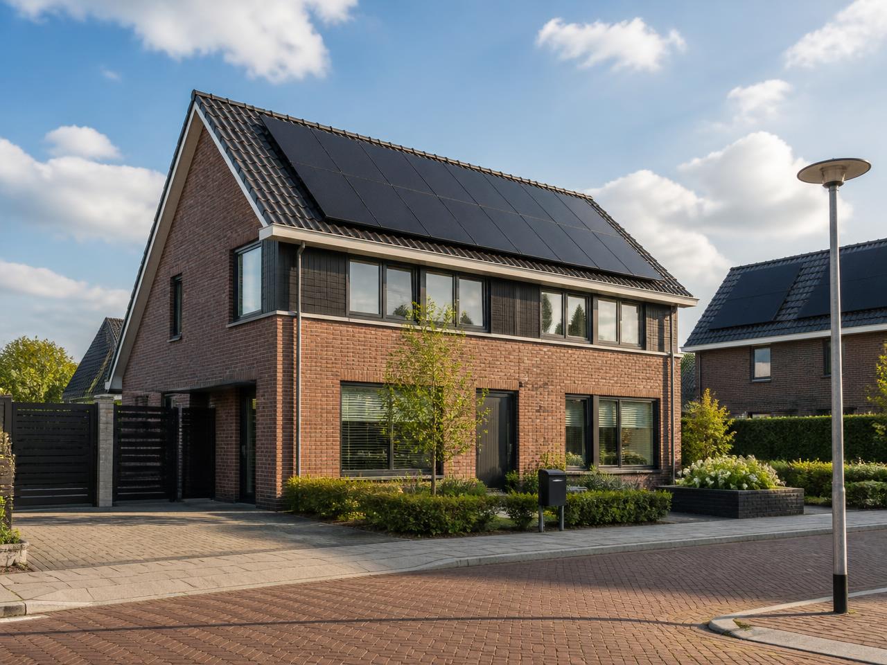 Woning met zwarte zonnepanelen op het dak in een Nederlandse straat